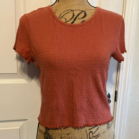 American Eagle Outfitters Rust Fitted Textured Ribbed Crew Neck T-Shirt M - Picture 1 of 2